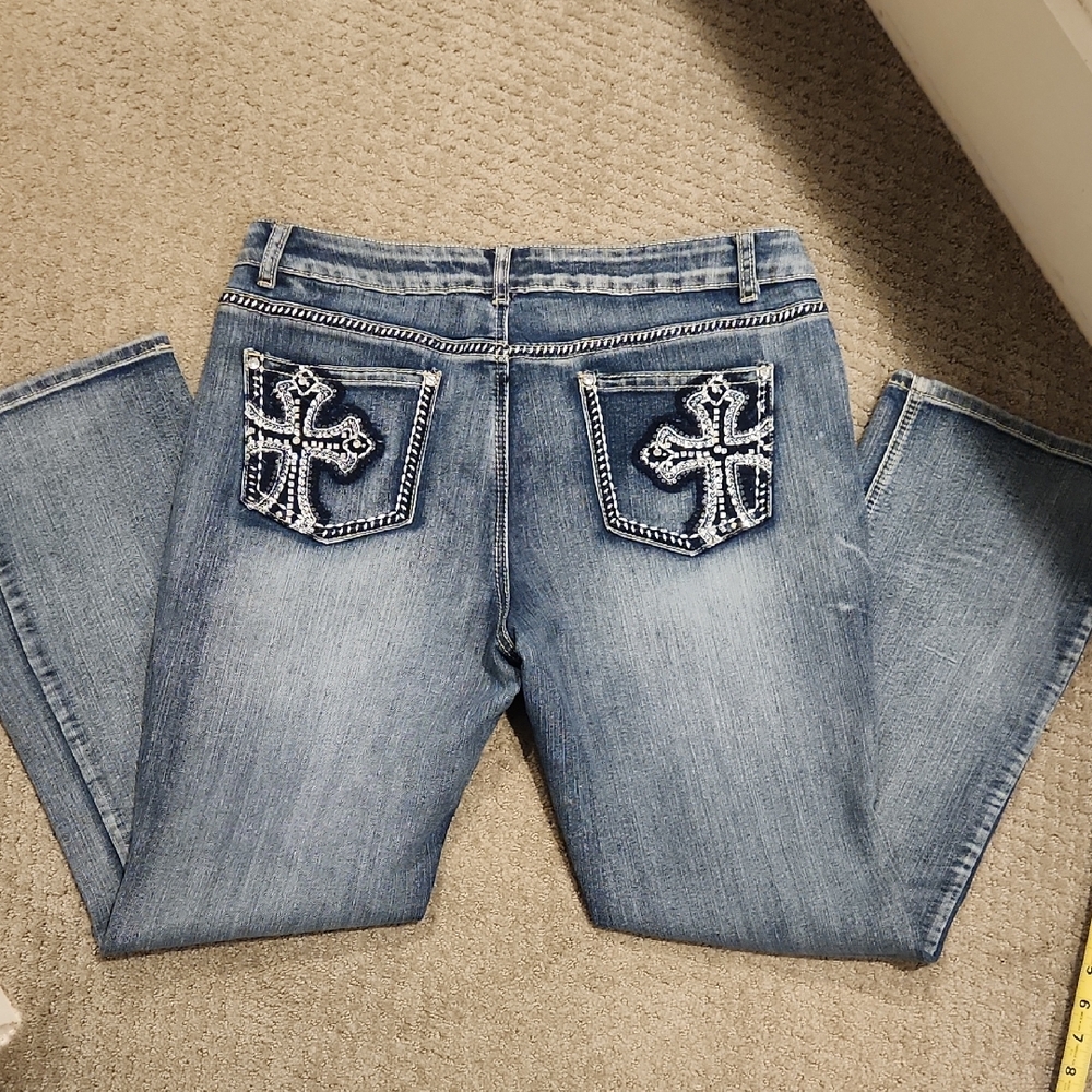 Stylish Blue Women's Jeans with Embellished Pockets 14P. Y2K STYLE